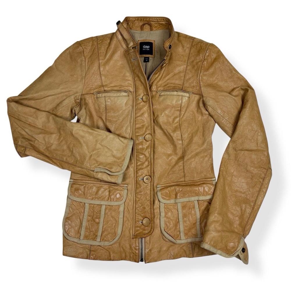 Vintage Gap Edition Leather‎ Jacket Women's XS Camel Tan Blazer Cafe Racer Moto